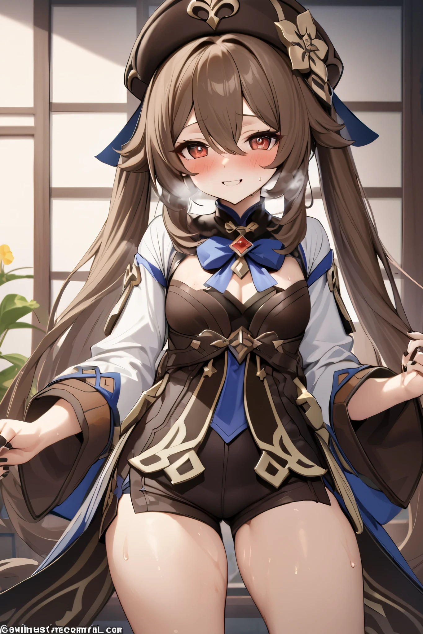 NSFW,masterpiece, top quality , high res, very detailed,walnut\(Genshin Impact\)、 long hair、bangs、Brown Hair、Red Eye、 hair between eyes、 twin tails、side lock、 symbol shaped pupil , Long Sleeve 、hat、gem、flower、 SHORTS、 wide sleeve、 comments、 Chinese clothes、黒の SHORTS、ring、Black Nails、hat飾り、hatのflower,smile,sweat,Heavy breathing,blush