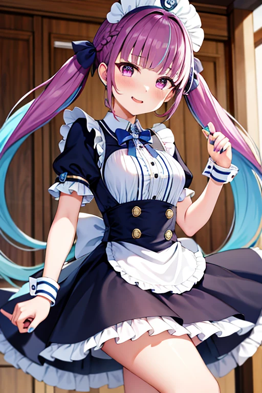 masterpiece, top quality,  nothing ,  One Girl ,   Virtual YouTuber, Minato Akua,  long hair,  multi-colored hair ,  dress,  twin tails, Maidの頭飾り, Inner hair color,   PURPLE EYES, Anchor Symbol,  blue hair, ribbon,  Two Tone Hair , Short sleeve,  braids, Blue  dress, wrist cufflinks, ribbons, bangs, drill hair, blue nails,  Twin Drill, Puffy Short sleeve, ヘアribbon, Purple Hair,  puff sleeve,  ,   ankle cuffs ,  dressのribbon, Maid, Raffle,  nail polish ,  striped hair,  small breasts,  cowboy shot,