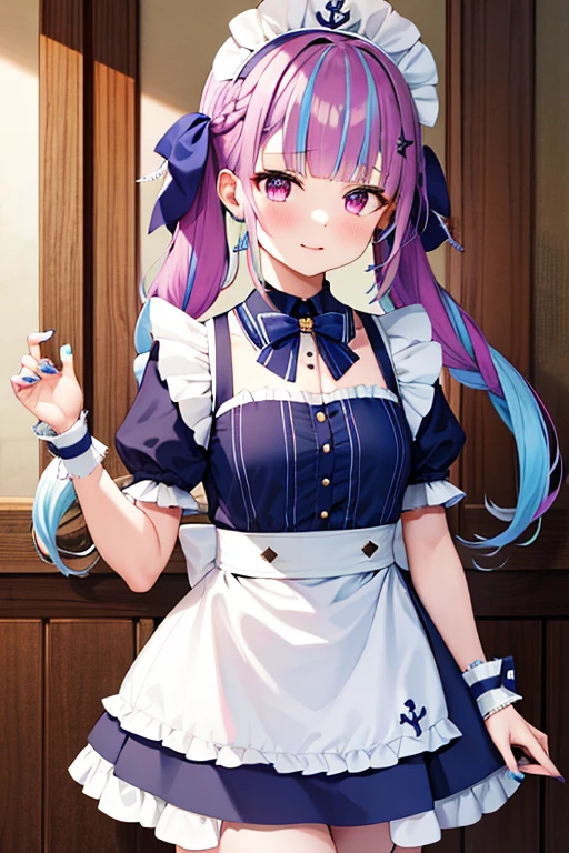 masterpiece, top quality,  nothing ,  One Girl ,   Virtual YouTuber, Minato Akua,  long hair,  multi-colored hair ,  dress,  twin tails, Maidの頭飾り, Inner hair color,   PURPLE EYES, Anchor Symbol,  blue hair, ribbon,  Two Tone Hair , Short sleeve,  braids, Blue  dress, wrist cufflinks, ribbons, bangs, drill hair, blue nails,  Twin Drill, Puffy Short sleeve, ヘアribbon, Purple Hair,  puff sleeve,  ,   ankle cuffs ,  dressのribbon, Maid, Raffle,  nail polish ,  striped hair,  small breasts,  cowboy shot,