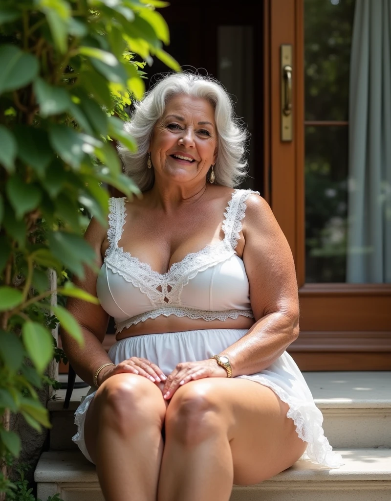 old woman 80 years with long hair, fat, plus size, old face and body with many wrinkles, black skin, loose skin, sitting at backyard on bench posing sexy fphoto, huge breasts, ring white sexy lace linger lace red bra and white lace stockings, side view. jaw dropping mature older beautyface and body with wrinkles, old face, full visible legs, smiling, attractive grandma, a gorgeous old hair, beautiful old grandma, black skin, lovely older mature grandma, gorgeous ful grandma over 80 years old, beautiful long hair grandma, beautiful detailed body and face, a beautiful old granny