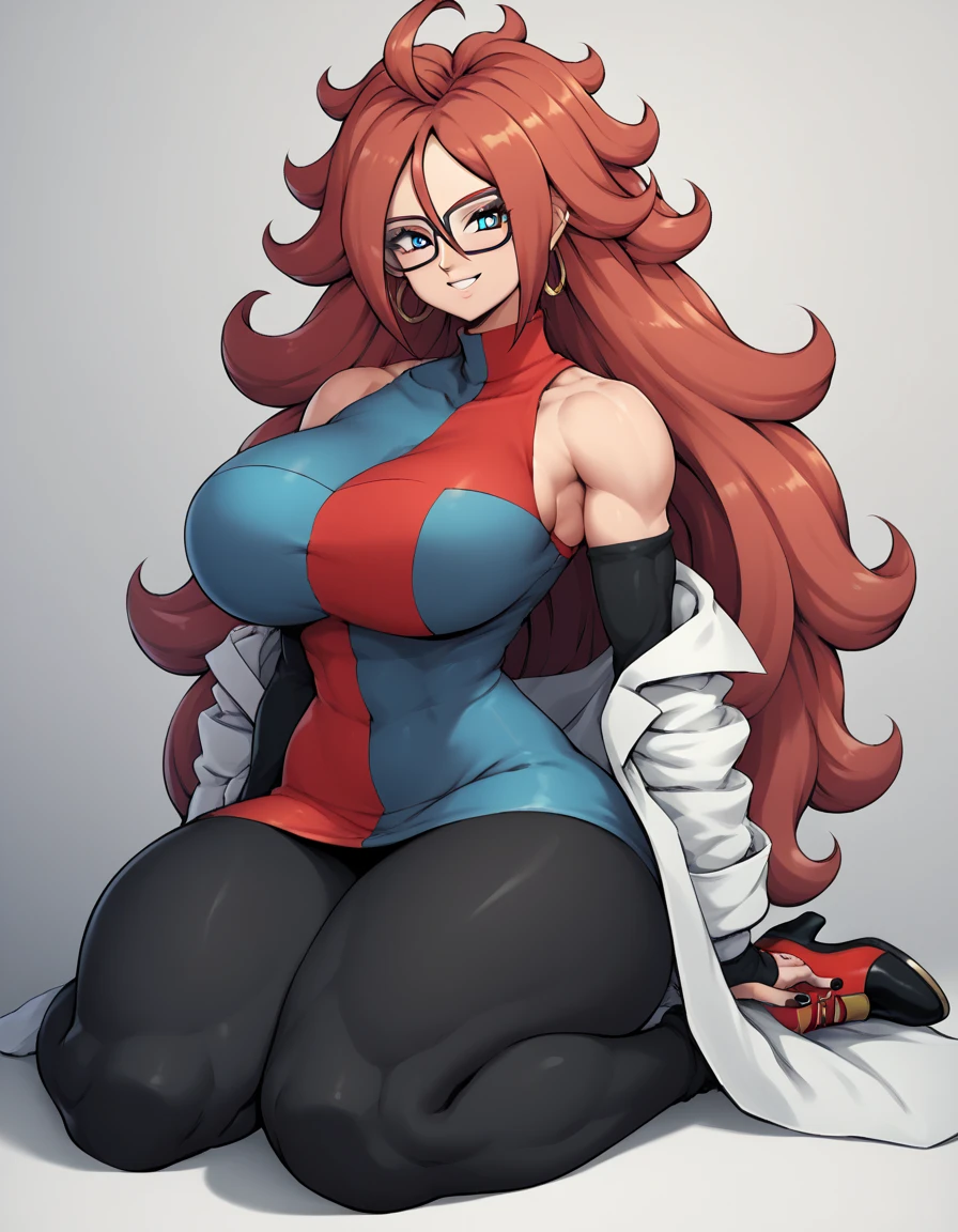 android 21, blue eyes, red hair, glasses, long hair, very long hair, black-framed eyewear, smile,
black sleeves, black nail color, checkered clothes, checkered dress, detached sleeves, dress, lab coat, turtleneck,
indoors,
looking at viewer, Huge breasts, huge thick thighs, Huge butt, wide hips, thick legs, sexy body, muscles, six pac, full body, bicolor shoes, Black pants, in love, heart pupils