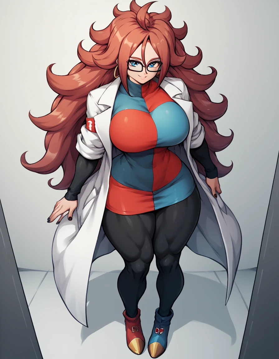 android 21, blue eyes, red hair, glasses, long hair, very long hair, black-framed eyewear, smile,
black sleeves, black nail color, checkered clothes, checkered dress, detached sleeves, dress, lab coat, turtleneck,
indoors,
looking at viewer, Huge breasts, huge thick thighs, Huge butt, wide hips, thick legs, sexy body, muscles, six pac, full body, bicolor shoes, Black pants, in love, heart pupils