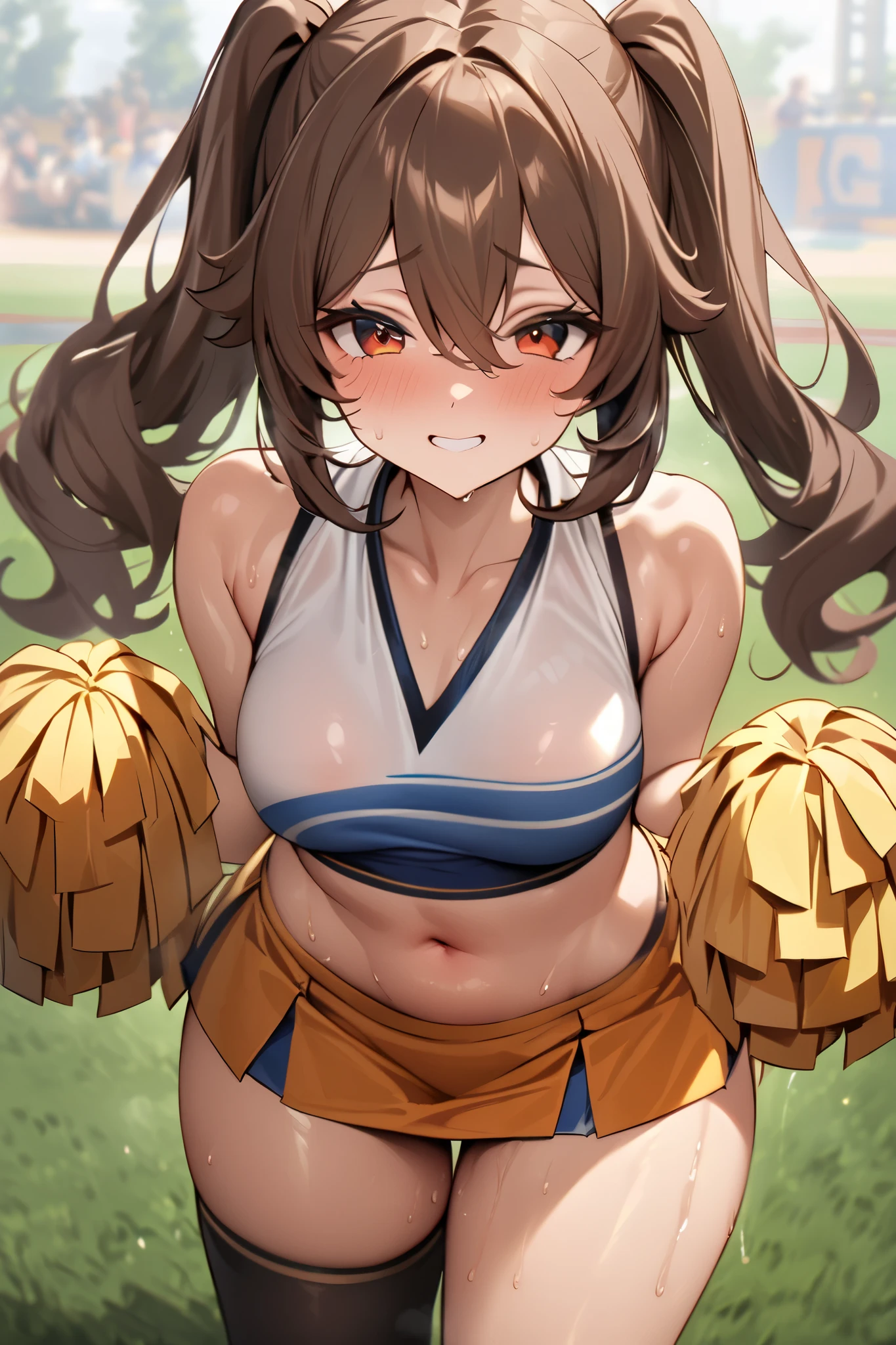 NSFW,masterpiece, top quality , high res, very detailed,walnut\(Genshin Impact\)、 long hair、bangs、Brown Hair、Red Eye、 hair between eyes、 twin tails、side lock、 symbol shaped pupil , cheerleader, crop top, miniskirt, spats,Ground, fresh smile ,sweat, cute pose
