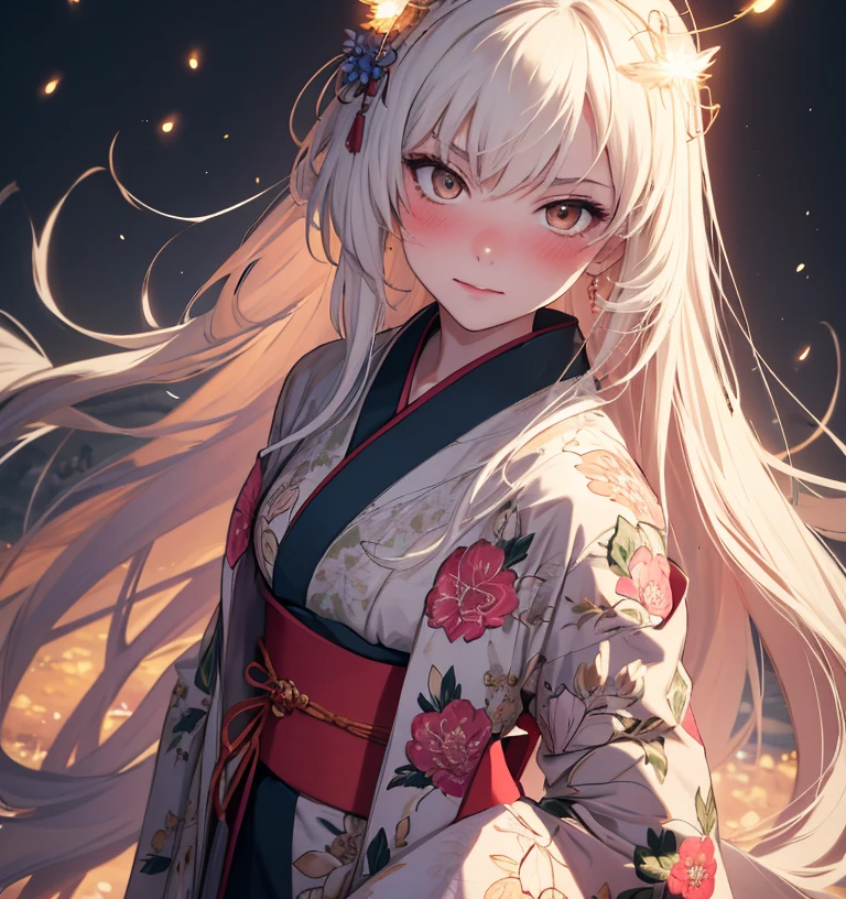 (masterpiece, top quality, best quality, 1girl,highest detailed, blushing, white long hair, slim body, kimono dress, night light, high land field, fireflies, standing, pov, view from above, 8K