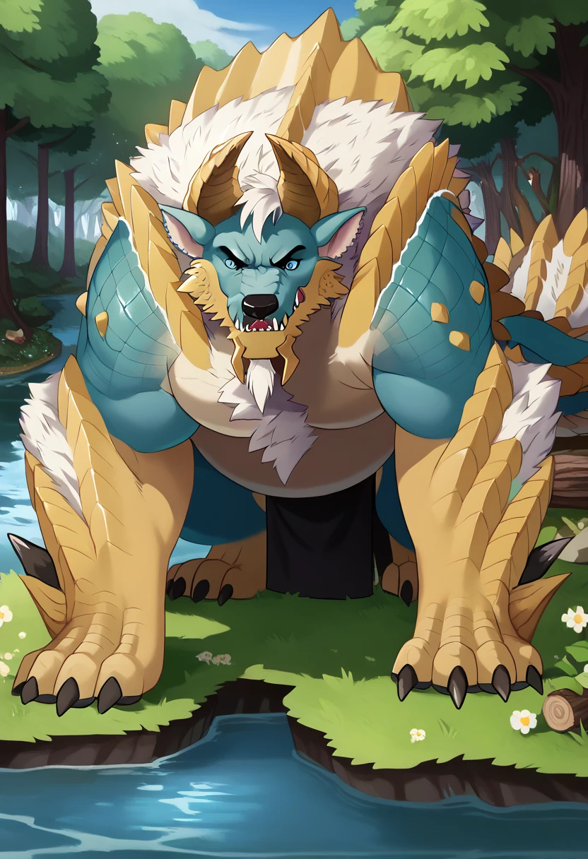 Scribble 1man, detailed, solo, alone, Zinogre, feral, Playful and wild, sadness, frindly growl, feral Zinogre face,humanity(Zinogre),chubby and muscular, strong muscle( black eyebrows :1.1),(perfect eyes), fur，scale,（artist:takemoto arashi)，paw,（ Black beard :1.3）, background((Monster Hunter Fishing village, village, forest, trees, bushes, logs, stump, lake or sea, river, boats, the crack in the road)), a human man Transformation in to a macro size Giant hyper muscular feral Zinogre, gives a dangerous look, lying on floor, rating_safe, solo, close up, growth, very cramped, angry growl, cool powerful and strong