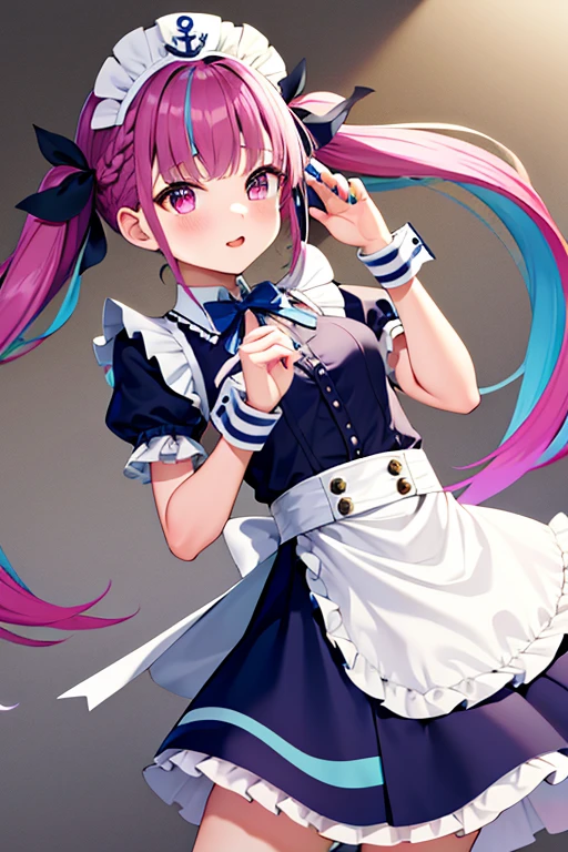 masterpiece, top quality,  nothing ,  One Girl ,   Virtual YouTuber, Minato Akua,  long hair,  multi-colored hair ,  dress,  twin tails, Maidの頭飾り, Inner hair color,   PURPLE EYES, Anchor Symbol,  blue hair, ribbon,  Two Tone Hair , Short sleeve,  braids, Blue  dress, wrist cufflinks, ribbons, bangs, drill hair, blue nails,  Twin Drill, Puffy Short sleeve, ヘアribbon, Purple Hair,  puff sleeve,  ,   ankle cuffs ,  dressのribbon, Maid, Raffle,  nail polish ,  striped hair,  small breasts,  cowboy shot,