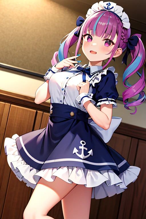 masterpiece, top quality,  nothing ,  One Girl ,   Virtual YouTuber, Minato Akua,  long hair,  multi-colored hair ,  dress,  twin tails, Maidの頭飾り, Inner hair color,   PURPLE EYES, Anchor Symbol,  blue hair, ribbon,  Two Tone Hair , Short sleeve,  braids, Blue  dress, wrist cufflinks, ribbons, bangs, drill hair, blue nails,  Twin Drill, Puffy Short sleeve, ヘアribbon, Purple Hair,  puff sleeve,  ,   ankle cuffs ,  dressのribbon, Maid, Raffle,  nail polish ,  striped hair,  small breasts,  cowboy shot,