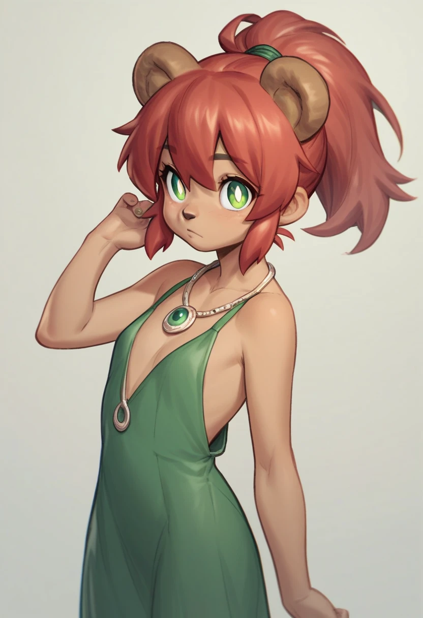 score_9, score_8_up, score_7_up, bsnita  , 1 girl , solo , red hair ,necklace ,green dress  ,ponytail,  ,bear ears ,,simple background,  white pupils,  posmach  ,bear girl,nude, Loli, 