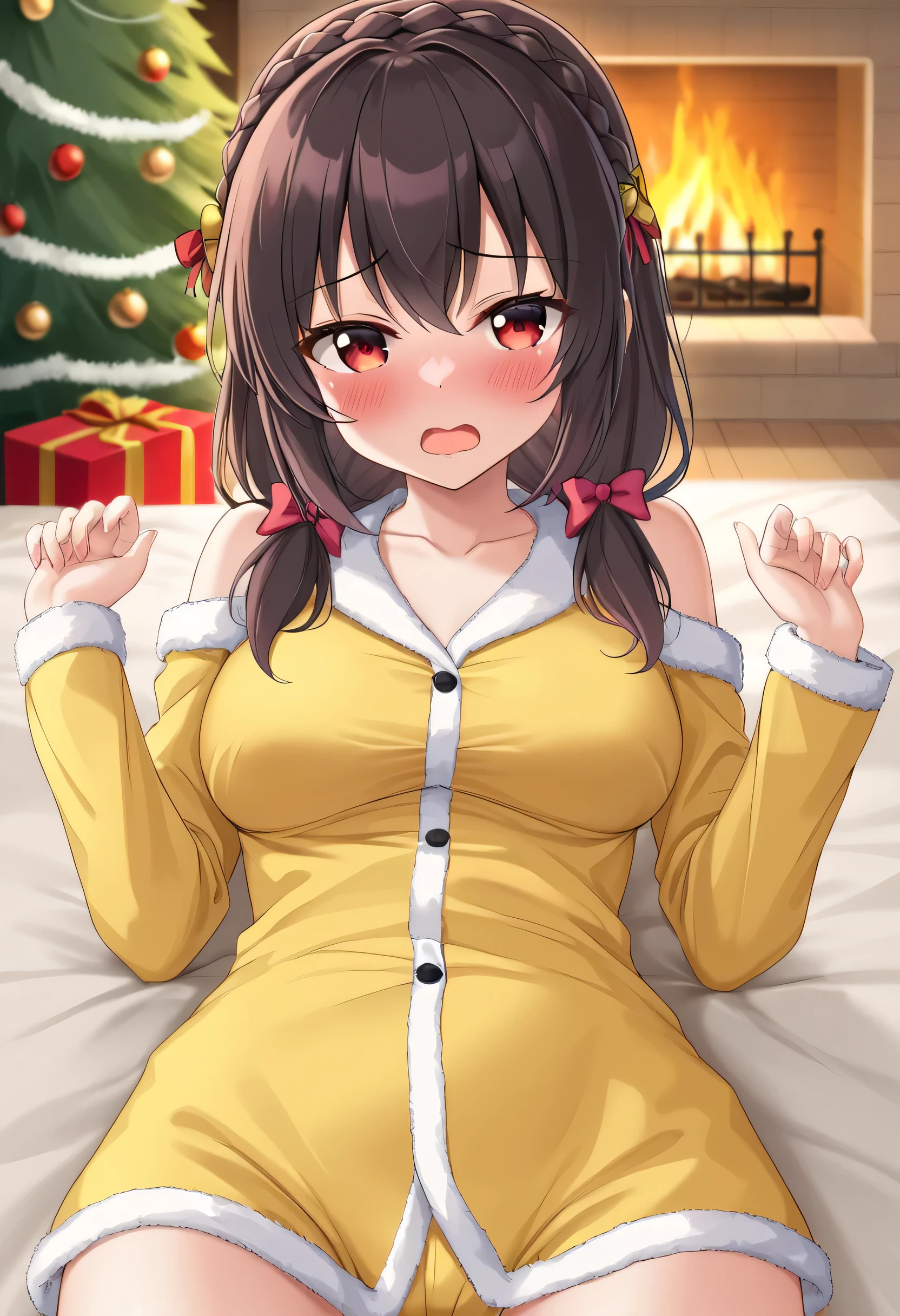 yunyun、masterpiece, top quality ,  high definition ,(One person), Yunyun、  crown braid in the same color as hair,  black hair、 red eyes、hair accessories, ( yellow pajamas with my shoulders out )、 big-breasted 、(blush)、( christmas tree:1.2)、( Staring at Older Housewives )、 view viewer、fireplace、( open my eyes wide)、Minami Mouth 、( open your mouth wide)、Lying on my back on the bed 