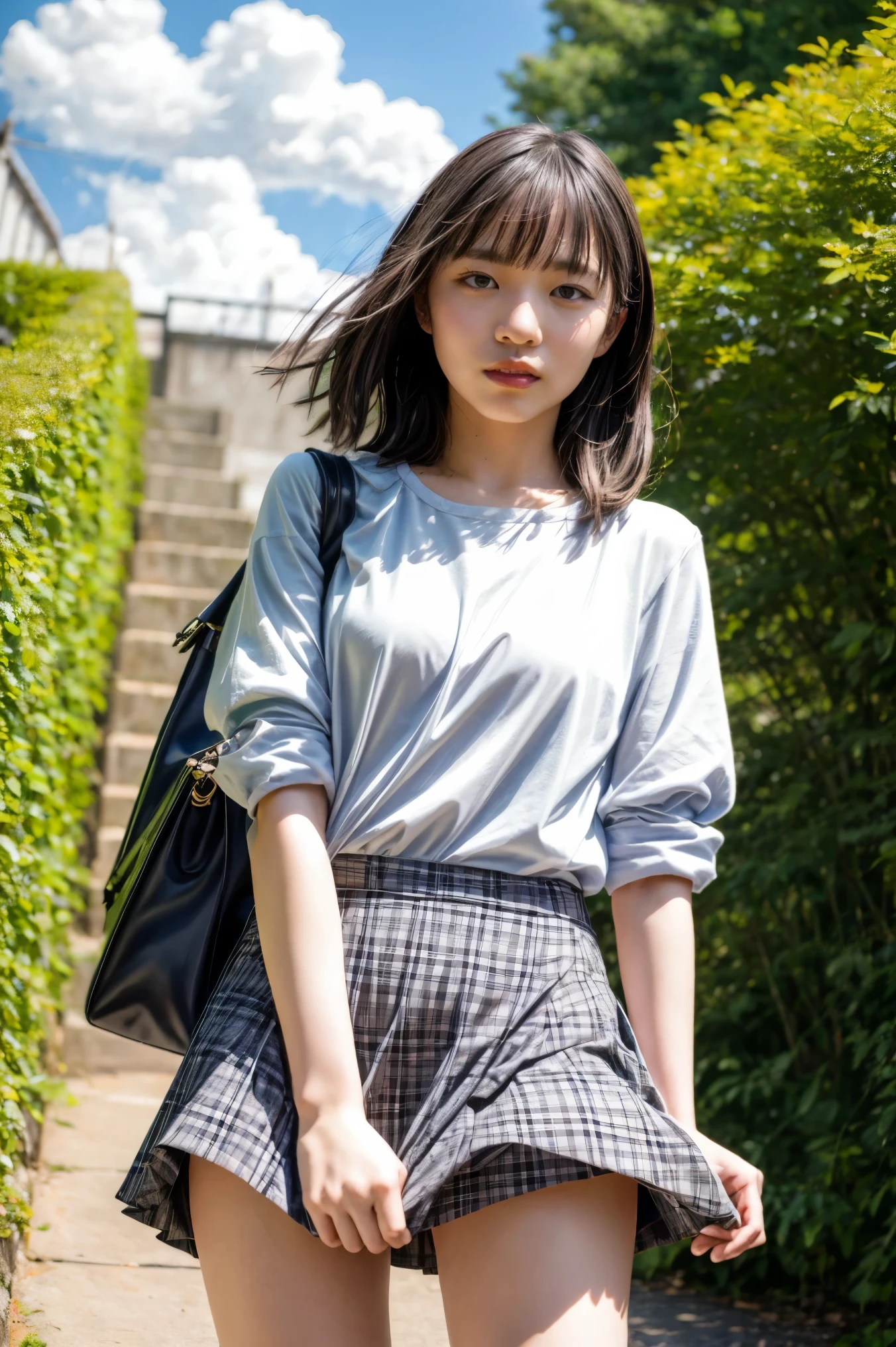 realistic, photo-realistic, masterpiece, best quality, RAW photo, high resolution, intricate details, extremely detailed, cinematic lighting, portrait, solo, 1girl, a Japanese woman, pale skin, (detailed face, detailed eyes, sophisticated nose), white blouse, plaid skirt, (skirt tug, clothes tug, wind, wind lift:1.5), view from below, photo background, outdoors, blue sky, and clouds,