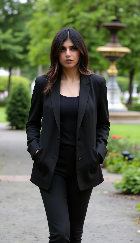 Mia Khalifa a woman in black jacket and black shirt walking to the camera in a park, wavy hair