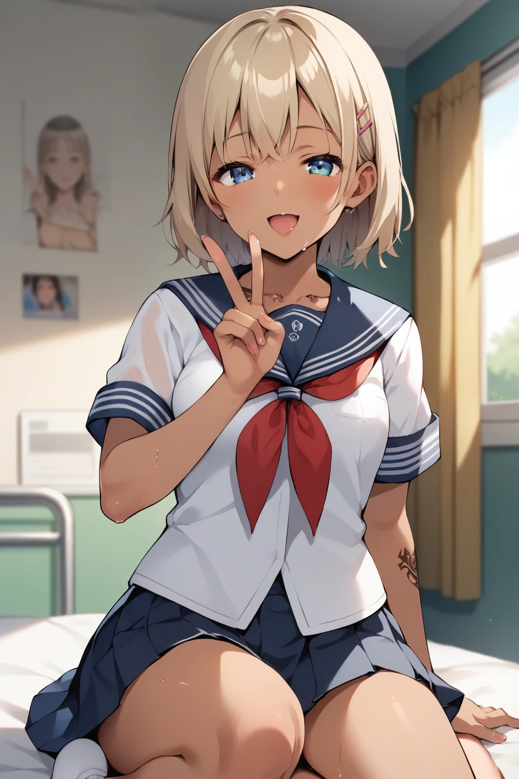  score_9,  score_8_ up,  score_7_ up,  Source_ANIME BREAK ， high image quality，Tanned Gal， blondes， full bust ， cowgirl position ，Let your hair down， detailed background，bedroom，The lower abdomen bulges from the inside out and is surreal， straight hair ， cute face， show viewer ， sweated，  school uniform，  pleated skirt，Raise your knees，from below,   peace sign，mischief，  tattoo ， sweated，， wet skin，