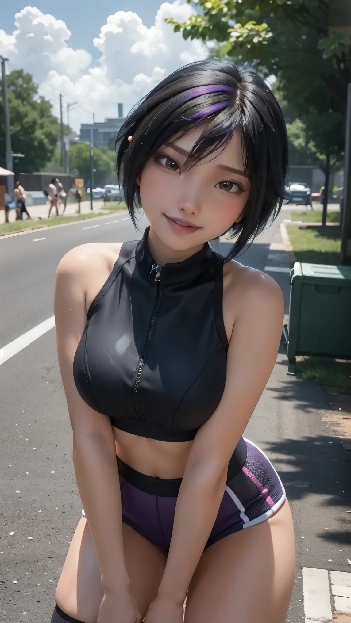 Gogo tomago,(best qualityer,4K,8k,high resolution,work of art:1.2)(weather: autumn), Mondstadt bay background, beach volleyball court, volleyball uniform, sleeveless sports bra, fingerless gloves, tight lycra shorts, thigh high stockings, barefoot, cheek mole, short wavy hair, black hair with purple highlight, ultra detailed, realistic, portrait,beautiful detailed brown eyes, glowing eyes,blush,beautiful detailed lips,extremely detailed eye and face, long eyelashes,sexy,average, medium breasts,beaming smile, flirty smile, powerful girl, sexy pose, stunning curves, bright coloured, dramatic lighting,