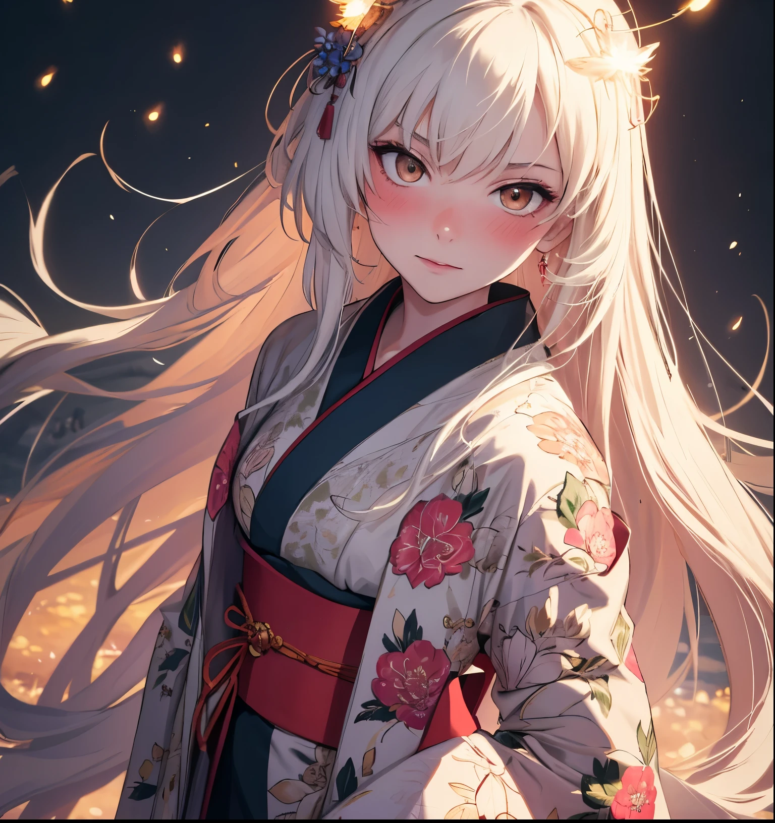 (masterpiece, top quality, best quality, 1girl,highest detailed, blushing, white long hair, slim body, kimono dress, night light, high land field, fireflies, standing, pov, view from above, 8K