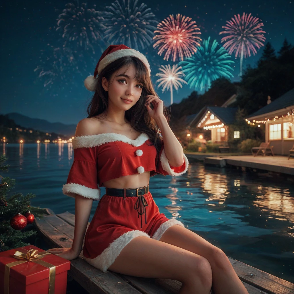 A cute woman (cute,  22, sexy Christmas outfit, sparkles in eyes), sits on the shore of a lake in a Bangkok park at night, fireworks light up the night
