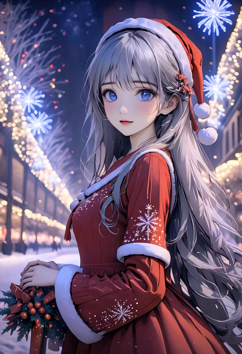 ((Flower style)), Christmas， Christmas Gift ，Santa hat，,Light Particles, Light,1 girl with gray hair, very long hair,  blue eyes, stocking, dress , neon lights ,fireworks,Night City