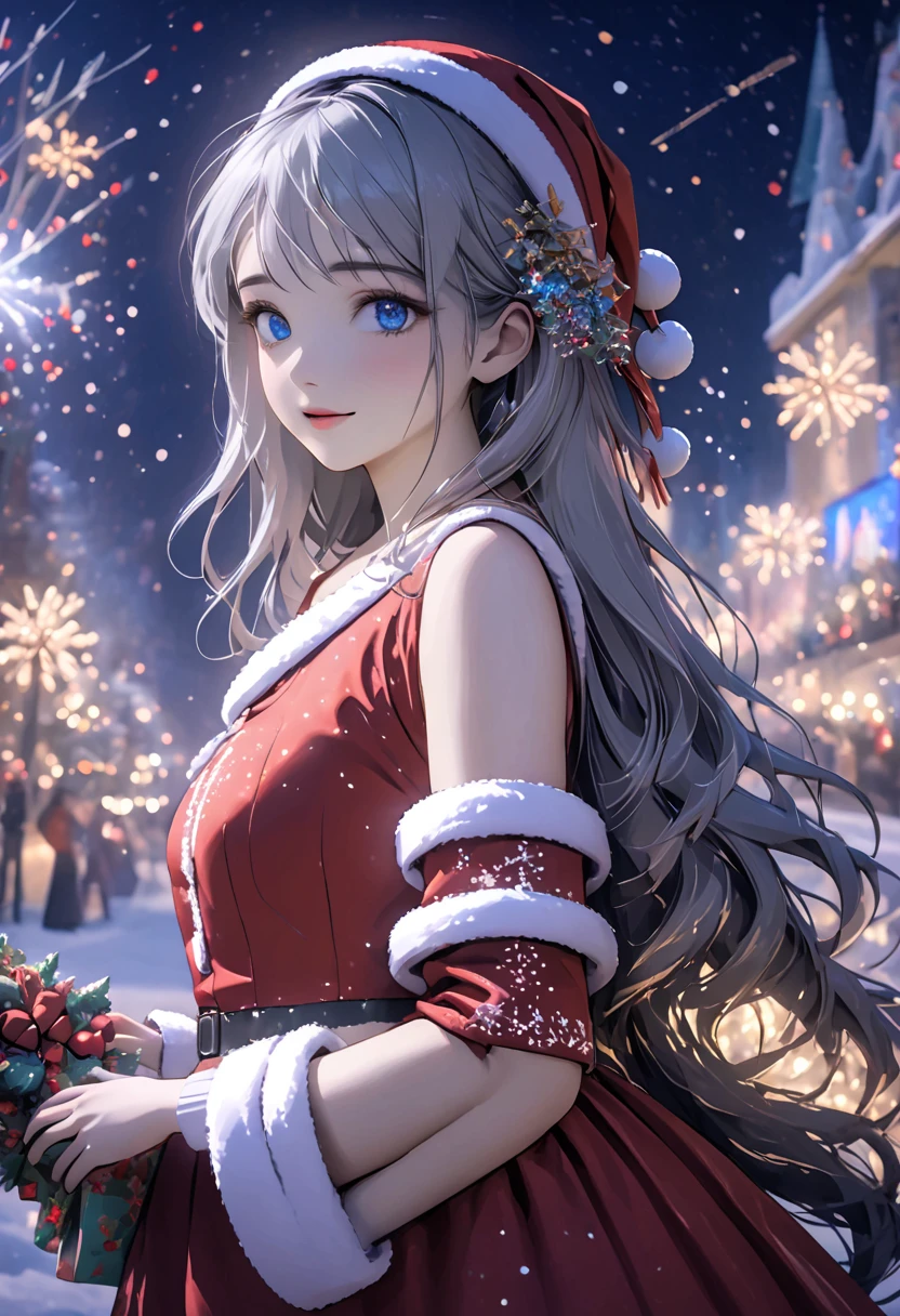 ((Flower style)), Christmas， Christmas Gift ，Santa hat，,Light Particles, Light,1 girl with gray hair, very long hair,  blue eyes, stocking, dress , neon lights ,fireworks,Night City