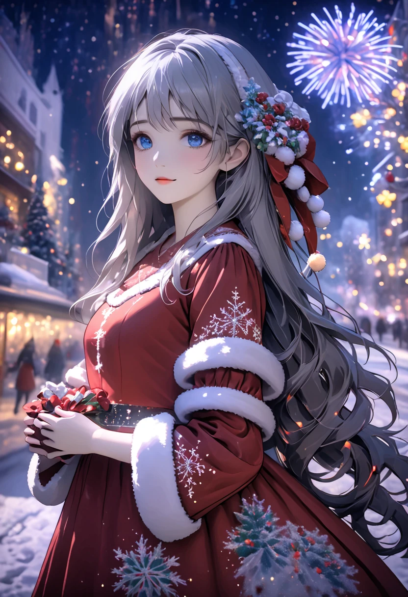 ((Flower style)), Christmas， Christmas Gift ，Santa hat，,Light Particles, Light,1 girl with gray hair, very long hair,  blue eyes, stocking, dress , neon lights ,fireworks,Night City