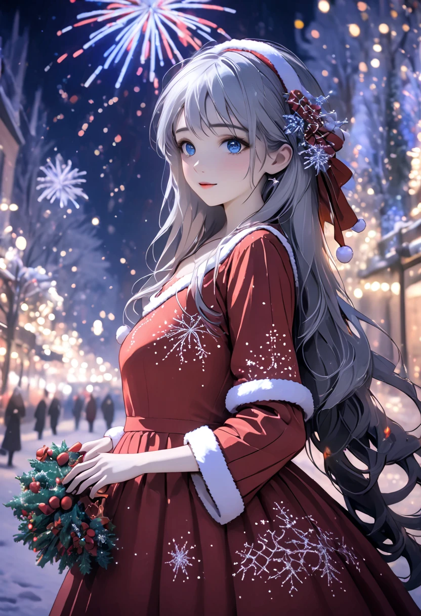 ((Flower style)), Christmas， Christmas Gift ，Santa hat，,Light Particles, Light,1 girl with gray hair, very long hair,  blue eyes, stocking, dress , neon lights ,fireworks,Night City