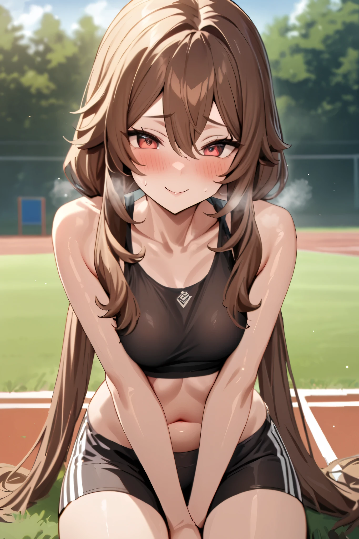 NSFW,masterpiece, top quality , high res, very detailed,walnut\(Genshin Impact\)、 long hair、bangs、Brown Hair、Red Eye、 hair between eyes、 twin tails、side lock、 symbol shaped pupil ,Track and field club,Descente Bra Top,Descente One Point Shorts,smile,blush,Heavy breathing, Sports Fields, sitting