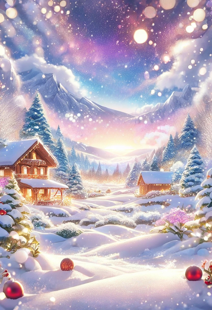 A Christmas in the mountains: a beautiful village at sunset; it is snowing lightly in the evening, a beautiful and warm sunset; a violet aurora borealis can be seen in the background; ren are playing with snowballs, and lying down in the snow; in one of the cabins a couple of lovers can be seen holding hands and sharing a cup of hot chocolate; masterpiece; spectacular image; fantasy image