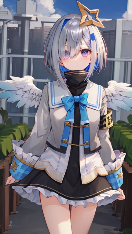 flower , storage factory , One girl ,  4 Kanata,  star halo, Alone, halo, Angel Wings,  multi-colored hair , Asymmetric hair ,  single hair intake,   PURPLE EYES,  bracelet ,  Shorthair,  blue hair,  gray hair, socks,  Long Sleeve ,  grey jacket,  bob cut,  striped hair, bangs, frills,  wide sleeve, white wings, black skirt, Cover one eye with hair ,  frill skirt , blue socks, The sleeve goes past the wrist ,  turtleneck dress,  miniskirt, Blue Wings,  cowboy shot,  walking , garden