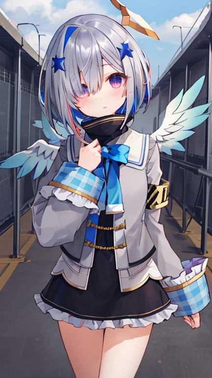 flower , storage factory , One girl ,  4 Kanata,  star halo, Alone, halo, Angel Wings,  multi-colored hair , Asymmetric hair ,  single hair intake,   PURPLE EYES,  bracelet ,  Shorthair,  blue hair,  gray hair, socks,  Long Sleeve ,  grey jacket,  bob cut,  striped hair, bangs, frills,  wide sleeve, white wings, black skirt, Cover one eye with hair ,  frill skirt , blue socks, The sleeve goes past the wrist ,  turtleneck dress,  miniskirt, Blue Wings,  cowboy shot,  walking , garden