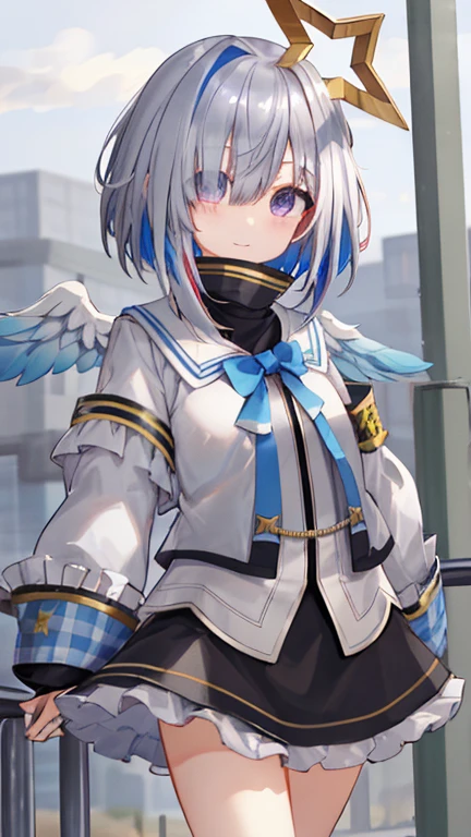 flower , storage factory , One girl ,  4 Kanata,  star halo, Alone, halo, Angel Wings,  multi-colored hair , Asymmetric hair ,  single hair intake,   PURPLE EYES,  bracelet ,  Shorthair,  blue hair,  gray hair, socks,  Long Sleeve ,  grey jacket,  bob cut,  striped hair, bangs, frills,  wide sleeve, white wings, black skirt, Cover one eye with hair ,  frill skirt , blue socks, The sleeve goes past the wrist ,  turtleneck dress,  miniskirt, Blue Wings,  cowboy shot,  walking , garden