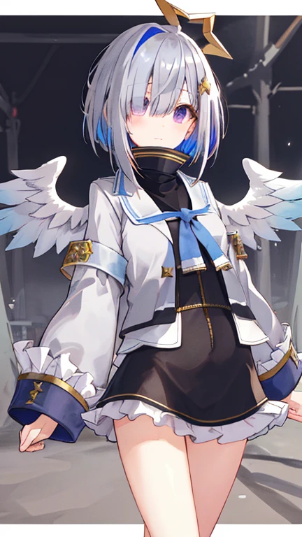 flower , storage factory , One girl ,  4 Kanata,  star halo, Alone, halo, Angel Wings,  multi-colored hair , Asymmetric hair ,  single hair intake,   PURPLE EYES,  bracelet ,  Shorthair,  blue hair,  gray hair, socks,  Long Sleeve ,  grey jacket,  bob cut,  striped hair, bangs, frills,  wide sleeve, white wings, black skirt, Cover one eye with hair ,  frill skirt , blue socks, The sleeve goes past the wrist ,  turtleneck dress,  miniskirt, Blue Wings,  cowboy shot,  walking , garden