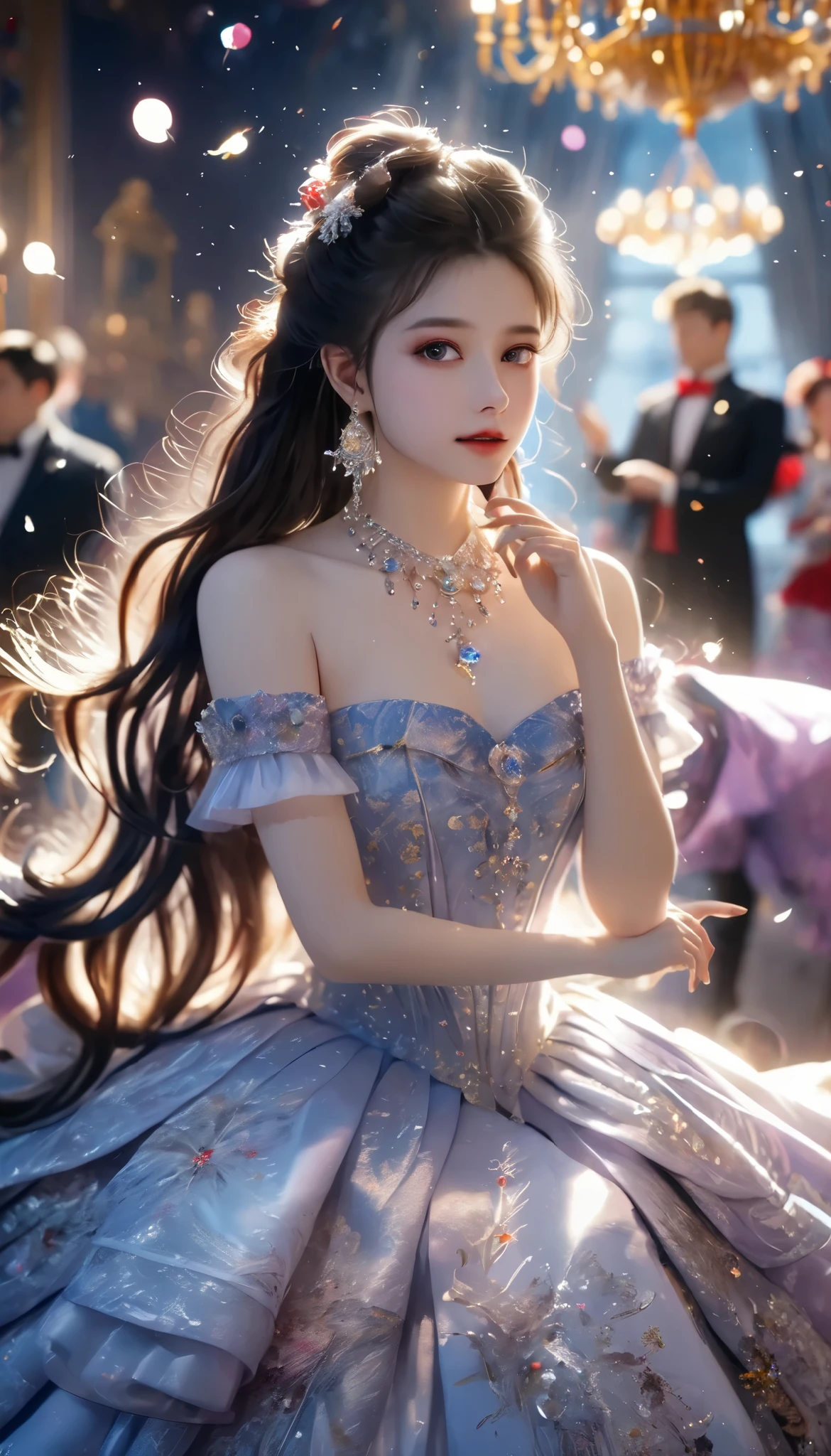 Dramatic composition, Court dress, Royal, christmas outfit, nice, Cascading Ruffles, Raffle, bow, Crystal Chandelier , Swirl Hairstyles, Place, drill-like double ponytail , camera , bangs, Maximalism , Palace-like background, Delicate depiction of hair and eyes, Princess Dress , nice skirts, Flowers in hands, (christmas outfit:1.4), smile, Starry Eyes, Cinematic Light, Extremely detailed, High Definition , happy girl , long hair, diamond with s, broken diamond with s, Crystal Fragment, Particles of light