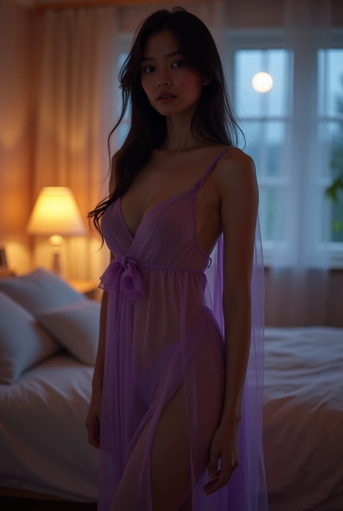 Starfire, transparent purple babydoll, toned body, bedroom, lying on bed, moonlight, night, soft shadows, window, dark room, masterpiece, best quality, DSLR photo,sexy pose, long legs, romantic illumination