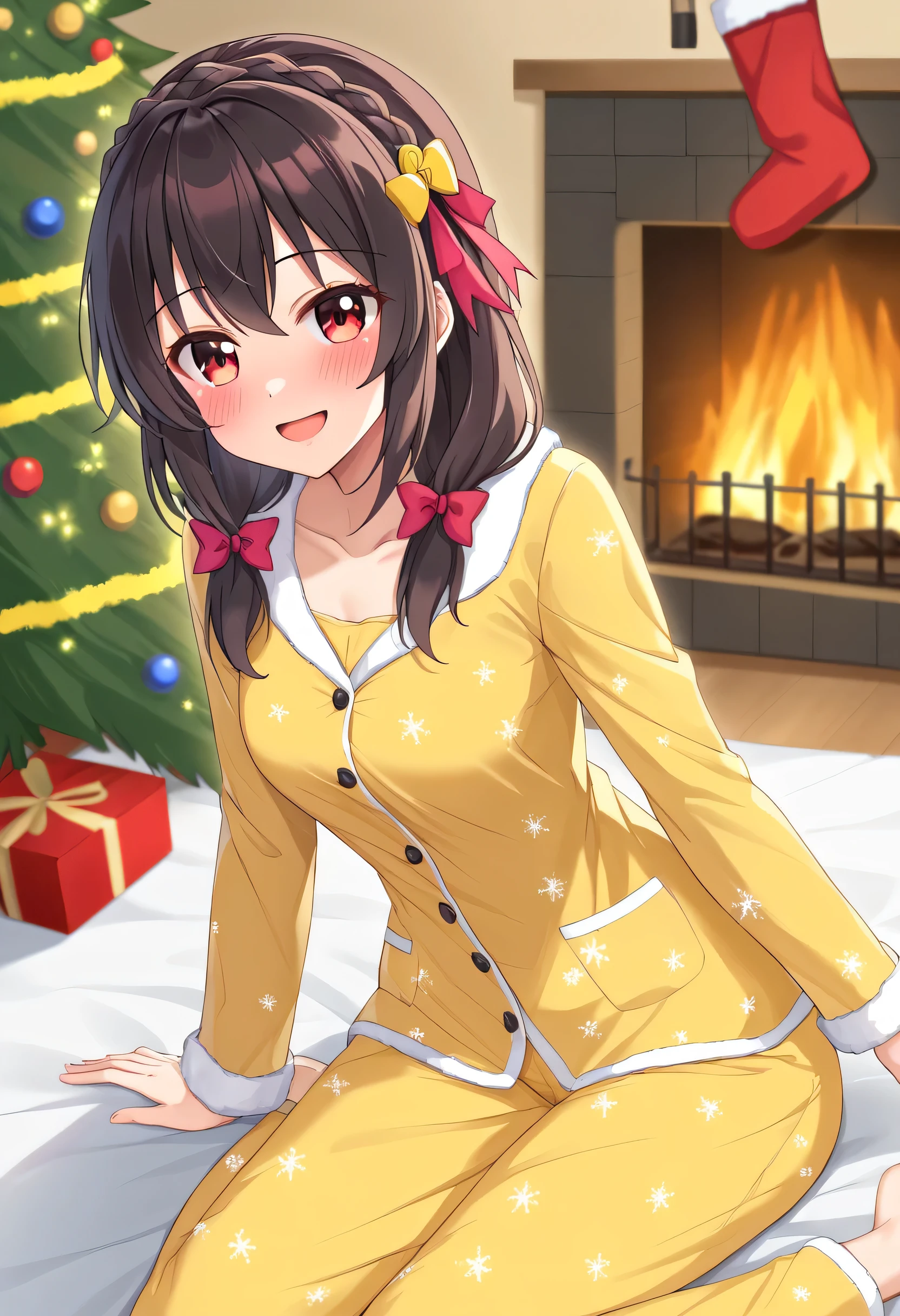 yunyun、masterpiece, top quality ,  High Definition ,(one person), Yunyun、  crown braid the same color as the hair,  black hair、 red eyes、 hair accessories, ( yellow pajamas with my shoulders out )、 big-breasted 、(blush)、( christmas tree:1.2)、(smile)、 view viewer、fireplace、(In my eyes ☆)、In my eyes 星印、 with sparkling eyes 、( open my eyes wide)、Minami Mouth 、( open your mouth wide)、 sitting on the bed 、♥️、♥️