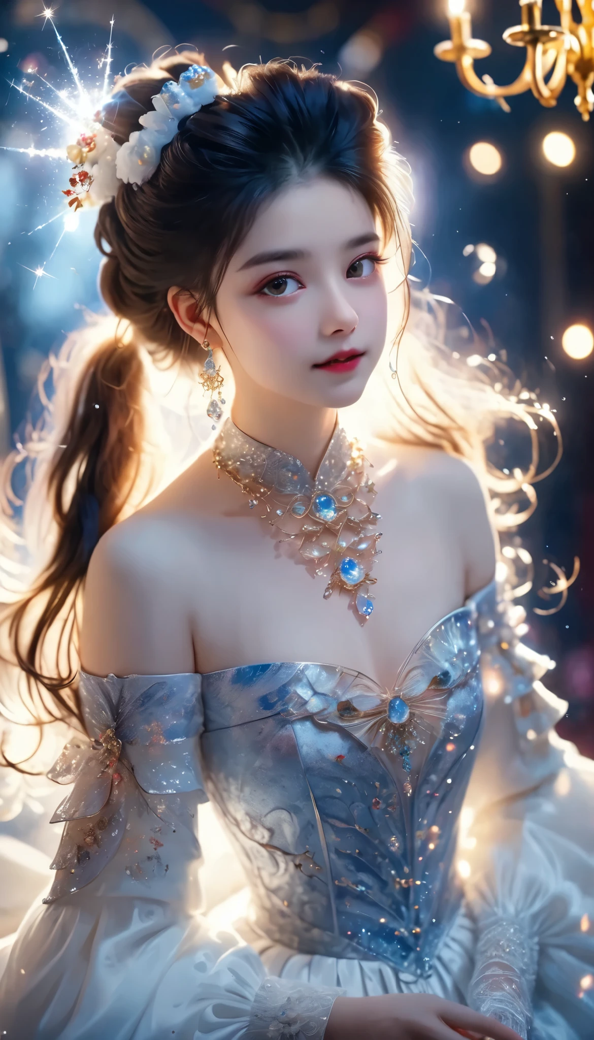 Dramatic composition, Court dress, Royal, christmas outfit, nice, Cascading Ruffles, Raffle, bow, Crystal Chandelier , Swirl Hairstyles, Place, drill-like double ponytail , camera , bangs, Maximalism , Palace-like background, Delicate depiction of hair and eyes, Princess Dress , nice skirts, Flowers in hands, (christmas outfit:1.4), smile, Starry Eyes, Cinematic Light, Extremely detailed, High Definition , happy girl , long hair, diamond with s, broken diamond with s, Crystal Fragment, Particles of light