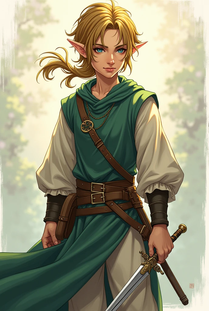 An illustration of a young male elf bladesinger from DnD, holding a short sword in one hand and a scimitar in the other hand. His appearance, hair, eyes, skin etc is like the color of summer. The art should be in Digital Art style with the substyle being Anime-Inspired Semi-Realism