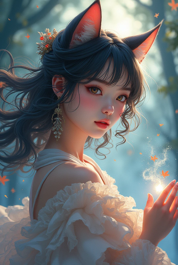 top-quality、超A high resolution、Dramatic action、a fantasy film、Adventure Stories、Anti- organizations、politik、karo、fairy, 25 years old、face lights、High brightnesrown-eyed、A dark-haired、Short bob hairstyle leafy、Detailed dresses made from flowers、seductive faces、Sharp eyes、Realistic face resolution、realisitic、Resolving Objects、The background the forest 、Birds in the sky fly around