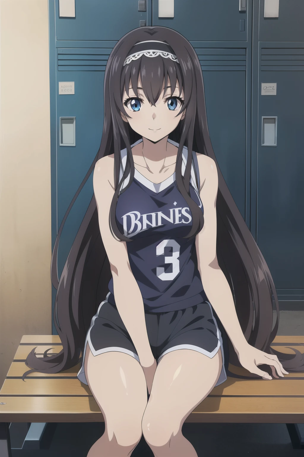 1 girl, cute, black long hair, (hair band), masterpiece, smile, (basketball uniform/tank top/shorts), (Sitting on a bench In a locker room with many lockers), (anime cels style, Masterpiece, best quality, high resolution, anime colored, anime style, anime key visual, sharp, 8k), beautiful blue eyes, (perfect detailed anatomy, perfect arms, beautiful face, perfect legs)