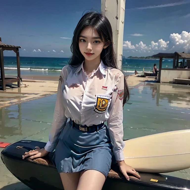 Beautiful 18 Years Korean Girl, standing and maintaining balance on a surfboard, surfing in the sea of ​​bali, ((On sea)), ((surf the waves)), Solo, sea, high waves, Realistic, Ultra HD, 8k unity walpaper, Ray Tracing, Beautiful smile, (smile:1.2), knee length blue skirt, white school girl shirt, blue skirt, detailed background, Detailed skin, detailed dress , Stylish looks, Full enjoying in paragliding, Beautiful Nature background view from the ocean waves, 