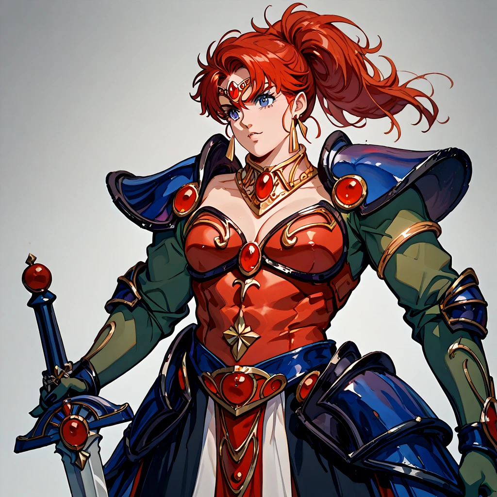 (( top quality )), ((masterpiece)), ( Details), （ perfect face）、The red-haired Yoko Asagiri wears a red armor costume, wears a black sword, becomes Ganondorf's SS, pledges loyalty, and snuggles up and serves Ganondorf by his side