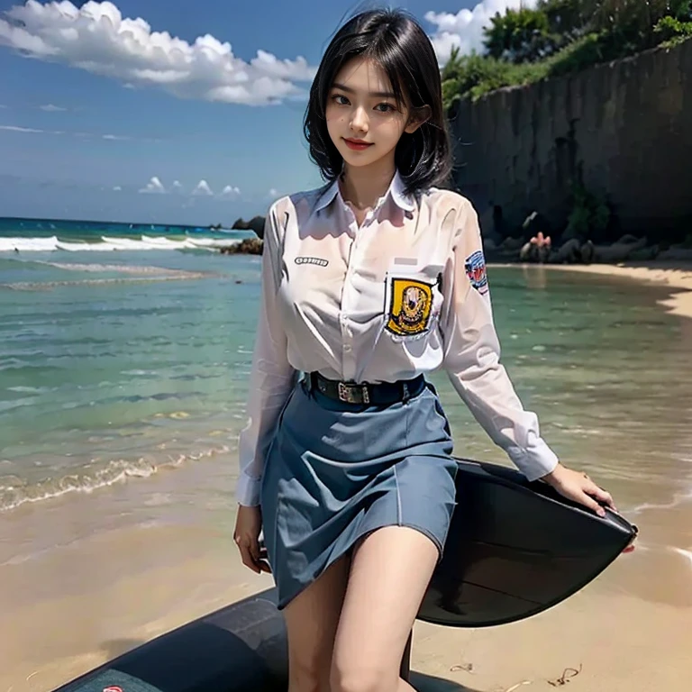 Beautiful 18 Years Korean Girl, standing and maintaining balance on a surfboard, surfing in the middle of the high waves of the Bali sea, ((On sea)), ((surf the waves)), Solo, sea, high waves, Realistic, Ultra HD, 8k unity walpaper, Ray Tracing, Beautiful smile, (smile:1.2), knee length blue skirt, white school girl shirt, blue skirt, detailed background, Detailed skin, detailed dress , Stylish looks, Full enjoying in paragliding, Beautiful Nature background view from the ocean waves, 