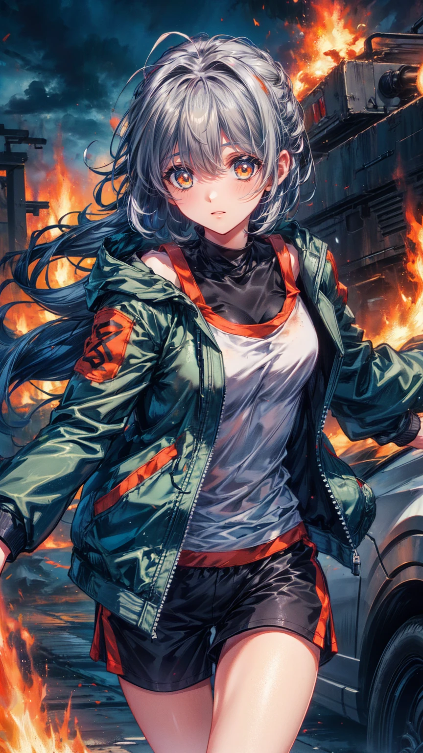 woman, White Hair,  tank top ,  short jacket, Facial stains, Angry face,  red eyes, Outdoor Background, grey and cloudy , Fire in the background , Dirty clothes, Visible Breathing , It's cold outside ,  Running, Get shot, Bullets flying, 