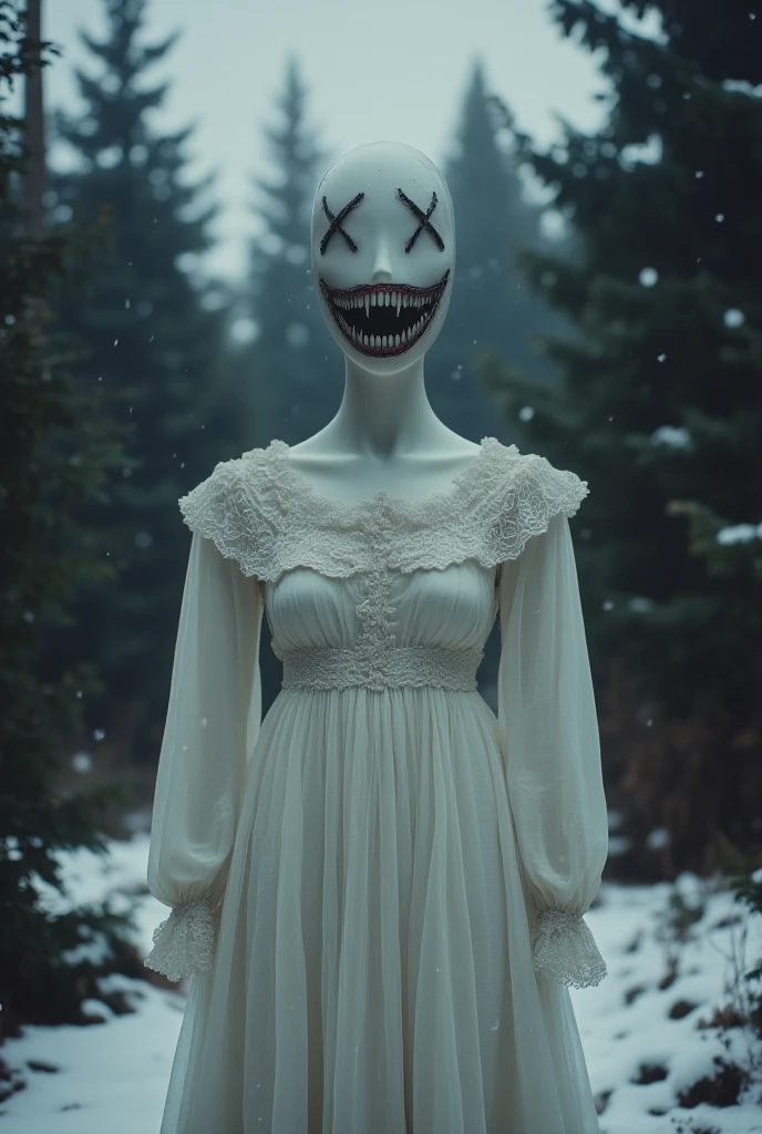 score_9, score_8_up, score_7_up, source_realistic, hyper-realistic details, extreme photorealism, high quality v3, (ultra-HD details), A white female faceless mannequin with X-eyes and fanged sewn creepy smile wearing a white victorianstyle dress outdoors in a Winter forest, lots snowflake with snowflakes falling from the sky... dark melancholic atmosphere