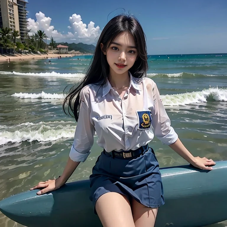 Beautiful 18 Years Korean Girl, standing and maintaining balance on a surfboard, surfing in the middle of the high waves of the Bali sea, ((On sea)), ((surf the waves)), Solo, sea, high waves, Realistic, Ultra HD, 8k unity walpaper, Ray Tracing, Beautiful smile, (smile:1.2), knee length blue skirt, white school girl shirt, blue skirt, detailed background, Detailed skin, detailed dress , Stylish looks, Full enjoying in paragliding, Beautiful Nature background view from the ocean waves, 