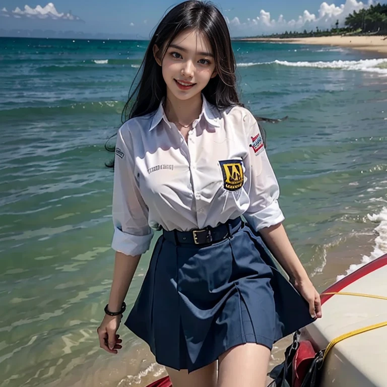 Beautiful 18 Years Korean Girl, standing and maintaining balance on a surfboard, surfing in the middle of the high waves of the Bali sea, ((On sea)), ((surf the waves)), Solo, sea, high waves, Realistic, Ultra HD, 8k unity walpaper, Ray Tracing, Beautiful smile, (smile:1.2), knee length blue skirt, white school girl shirt, blue skirt, detailed background, Detailed skin, detailed dress , Stylish looks, Full enjoying in paragliding, Beautiful Nature background view from the ocean waves, 