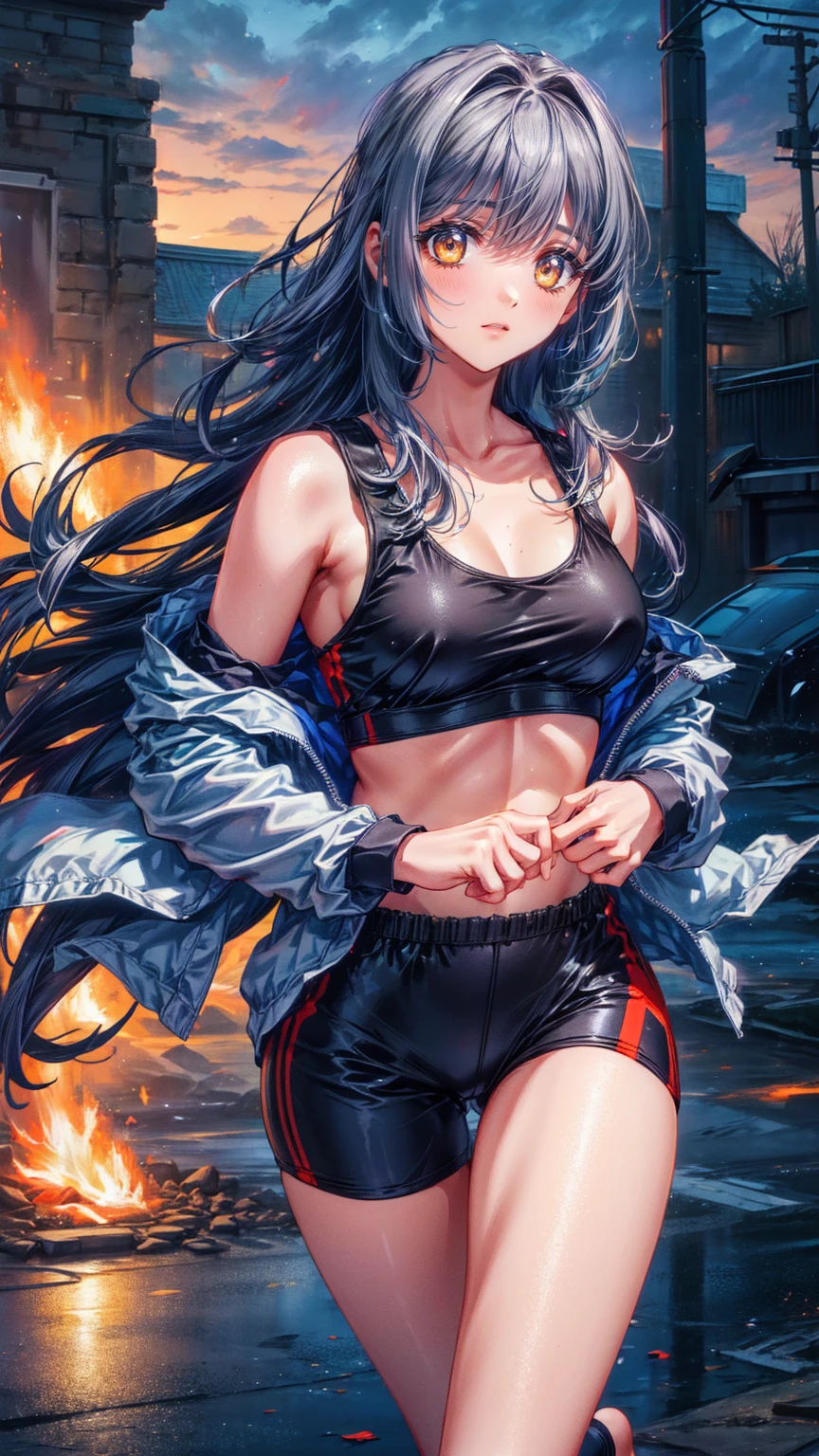 最high quality、best image quality、masterpiece、girl((20-year-old、 By becoming、vest bust、medium bust,wide open breast tea、shining eyes, water hair、long hair、thin,highest valley、red sports bra、Red sports pants,Ruby Earrings、Wristband、black gloves、seductive pose)),high quality、beautiful art、background((inflammation、volcano、magma、eruption、meteorite))、Flight、debris flies、Depth of written boundary、movie、visual art、perfect art、8K,genuine、underwater art、anime style