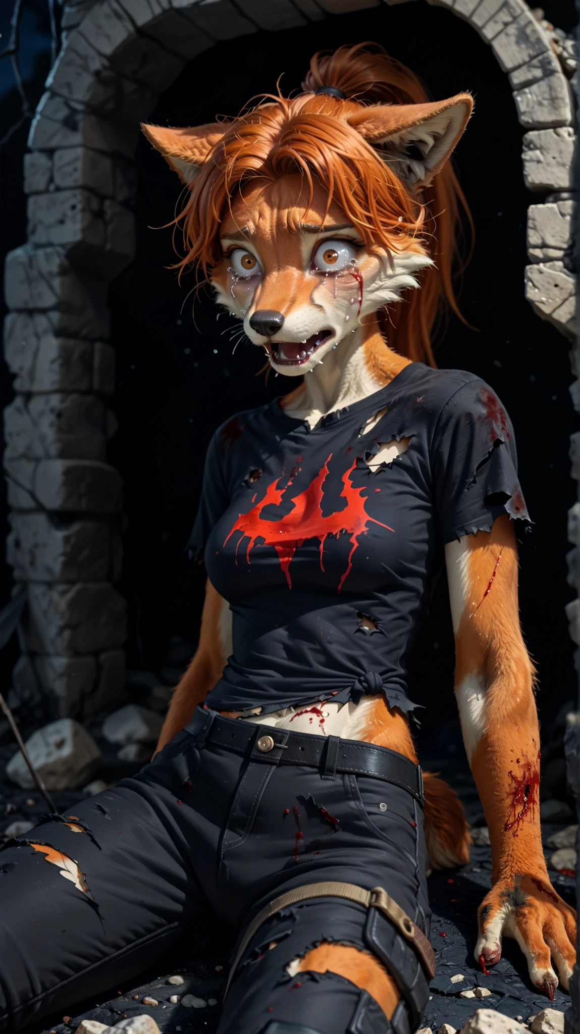 (zPDXL2), (PonyXLV6_Scores), rating_safety, Expressiveh, portrait shot, BREAK
lhata4564, d3t41l3d, 
solo, (furry, anthro), female, Lilyan,  European girl, (ginger tail fox girl, furry snout), (broken legs, laying under ruins, Under the rubble, crushed by rocks, covered by rubble), (shocked, painfully, scared, crying, covered in blood, bloody, covered), tight ponytail, (ripped cloth, torned t-shirt, pants, bandolier:1.2), (ruined house background), (black darkness, black night background:1.5)