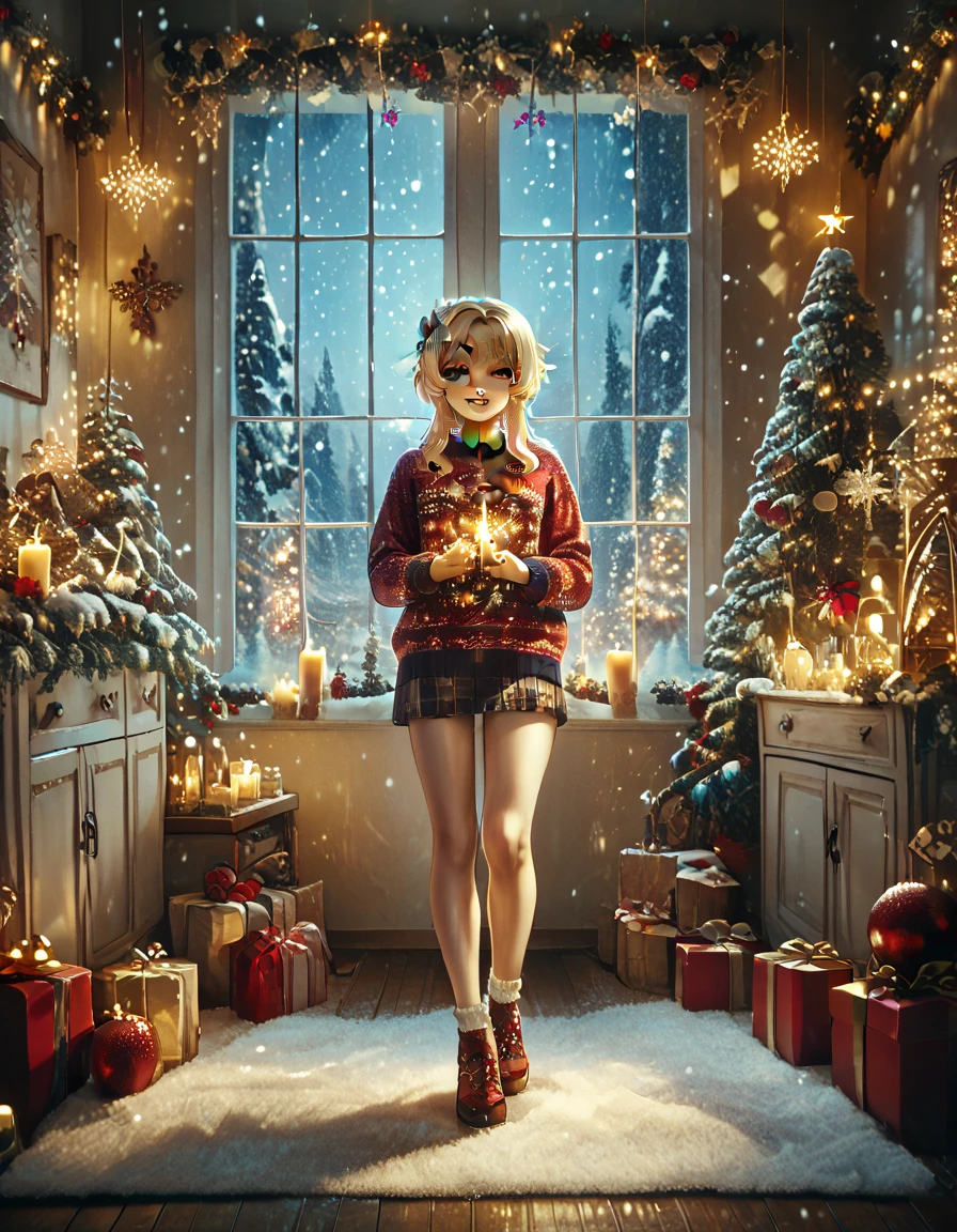 solo, happy look, happy smiling, happy atmosphere, Christmas, winter, snow, night sky, Lumine from Genshin Impact, eyeshadow, A young woman with fair skin, golden eyes and short blond hair. She's wearing a Christmas sweater and a plaid skirt, ( beautiful eyes:1.1), (perfect face, detailed face, detailed eyes, perfect eyes, perfect hands, perfect fingers, medium breast, upper body), perfect hands, detailed clothing, long legs full body, indoors, She stands next to the Christmas tree holding a sparkler in her hands, Christmas decorations on trees, New Year's Eve fireworks in the window on the background, (looking at the viewer),