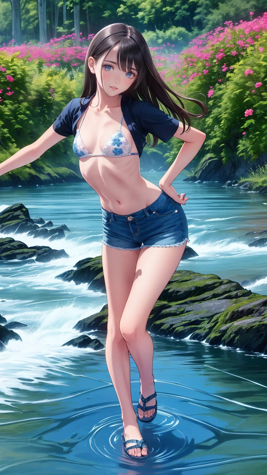 (horizontal, Riverbank, The river comes up to just below my knees, blue sky, Gurgling Water, Putting both double hands behind the head to gather hair,Always put your double hands behind your head, ponytail,萌えAnime Style,looking at the camera,Lean your body back slightly,Body facing slightly to the right,No mistake on the body,Perfect quality, top quality, Delicate features, Delicate skin, realism, Beautiful lighting, Perfect Face, Perfect Eyes, Detailed Hair, Perfect outfit, Beautiful breasts, Perfect body, Perfect Anatomy, Perfect breasts, Perfect Hips, Perfect legs and feet, Perfect hands, Perfect Fingers, ((Large Breasts:0.7)), (Small nipples:1.1), Beautiful thighs, Beautiful feet, Curved body, Attractive body, Vol上tuous body, Attractive legs, Highly detailed eyes, erotic, Pages, Sexy pose), Character-centric composition, Anime Style, beautiful girl, Best wallpaper quality, masterpiece. (8k wallpaper) .