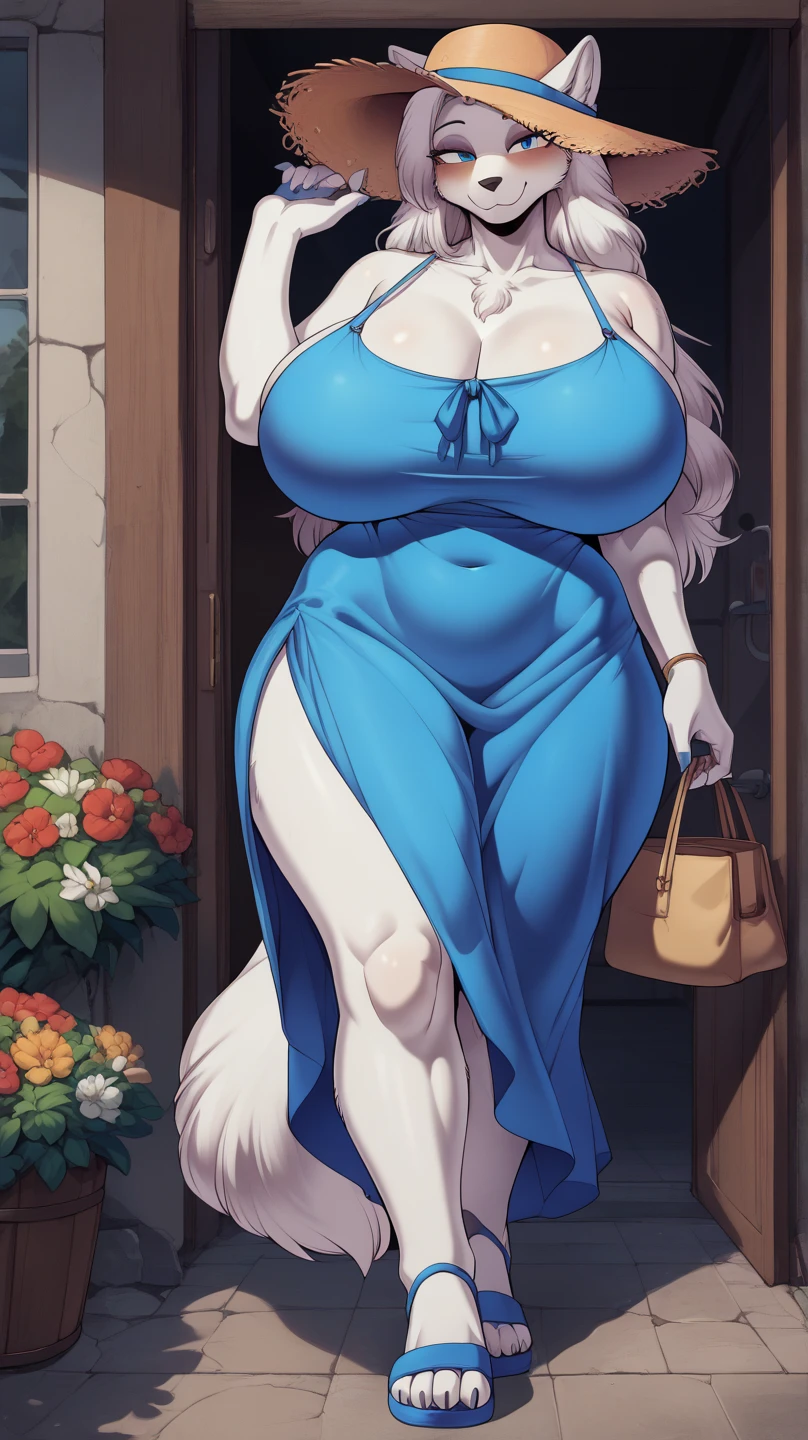 score_9, score_8_up, score_7_up, from the author: cervina7, 
  Anthropomorphic fluffy cat,   blue eyes  , white fur, white body,   long white hair  ,   huge breasts  , ( .3), blue polka dot sundress ,   straw hat  , Spanish village  ,   outdoor  ,   sunny day, , , a sweet smile . ,  style to blush, blue sandals 