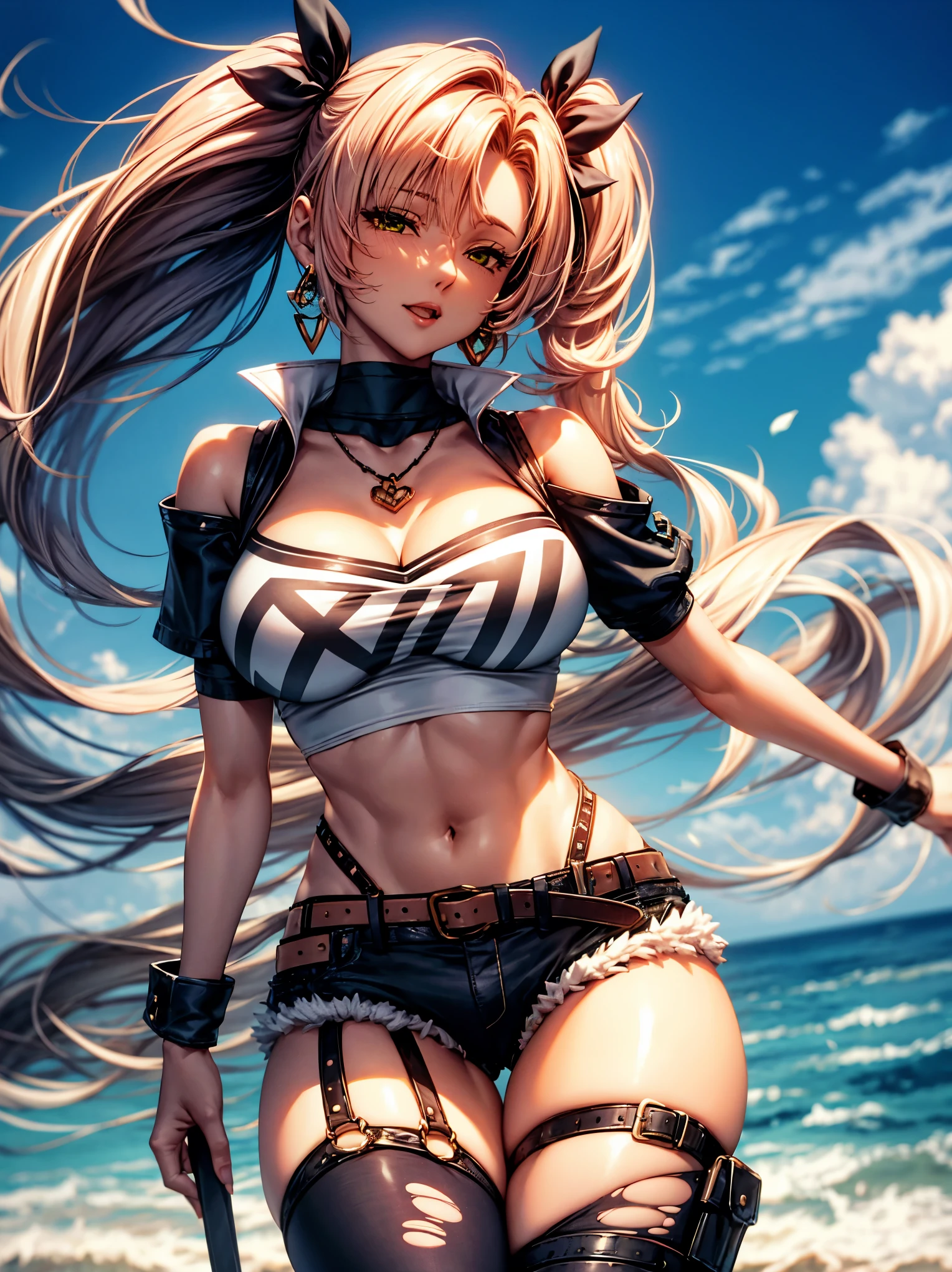 1girl as a bikini model, anime, cabelos brancos, black bikini, Botas pretas de coxa, Tonificado, Personagem estilo anime solo, Torso Tiro, foco na clivagem