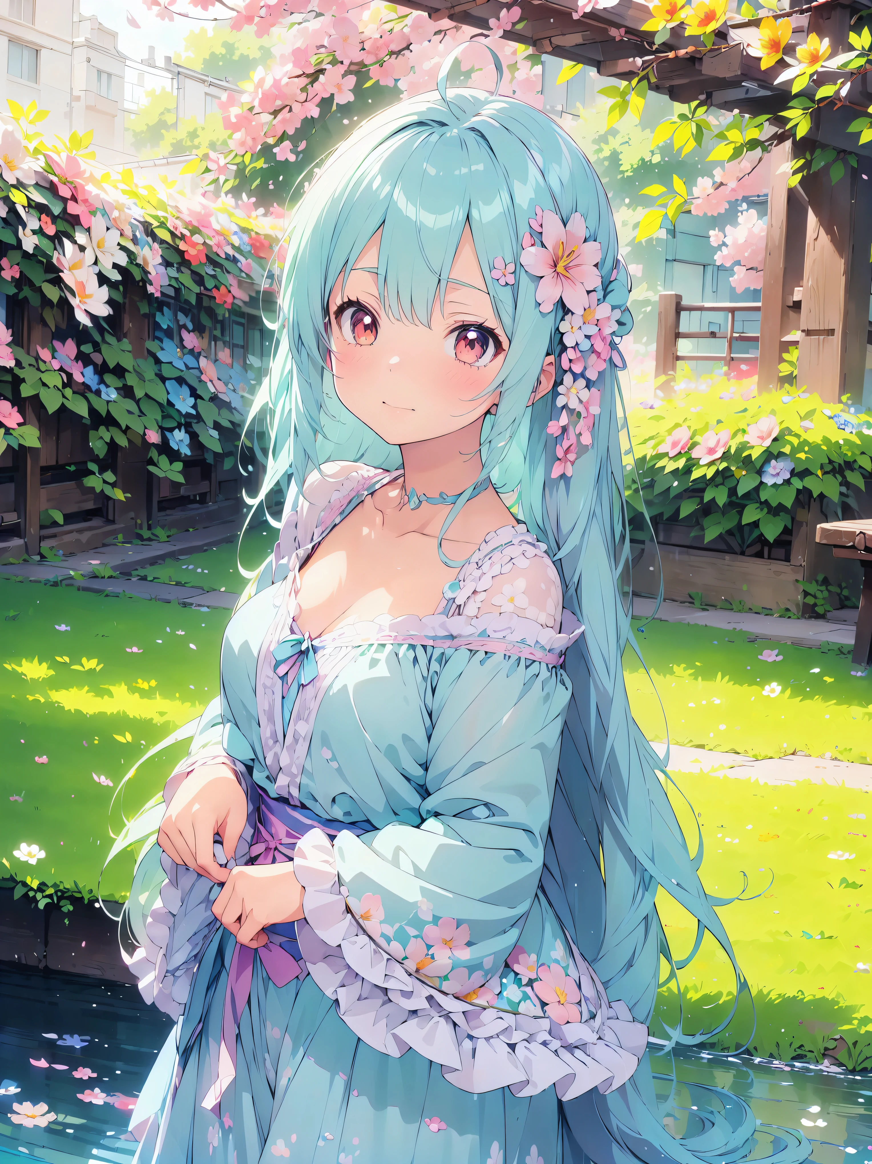 ((exquisite)), ((ultra detailed)), ((best quality)), Anime girl surrounded by flowers,  light blue hair, airy hair, (((A lot of colorful flowers))), cute顔, cute,  pastel color , caustics, super detailed skin, (anime moe art style:1.3),